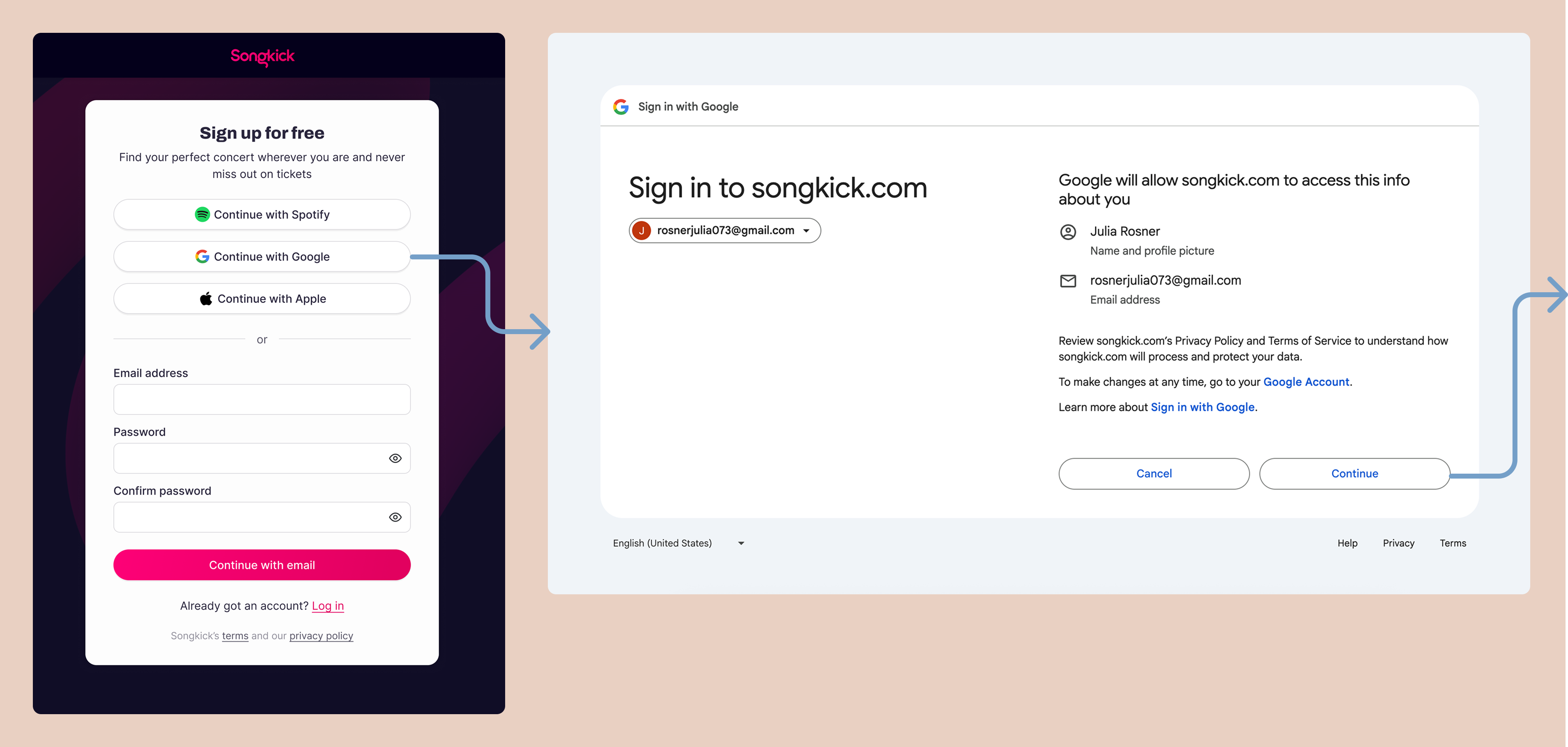 Songkick onboarding screen showing artist tracking step for Google sign-up users