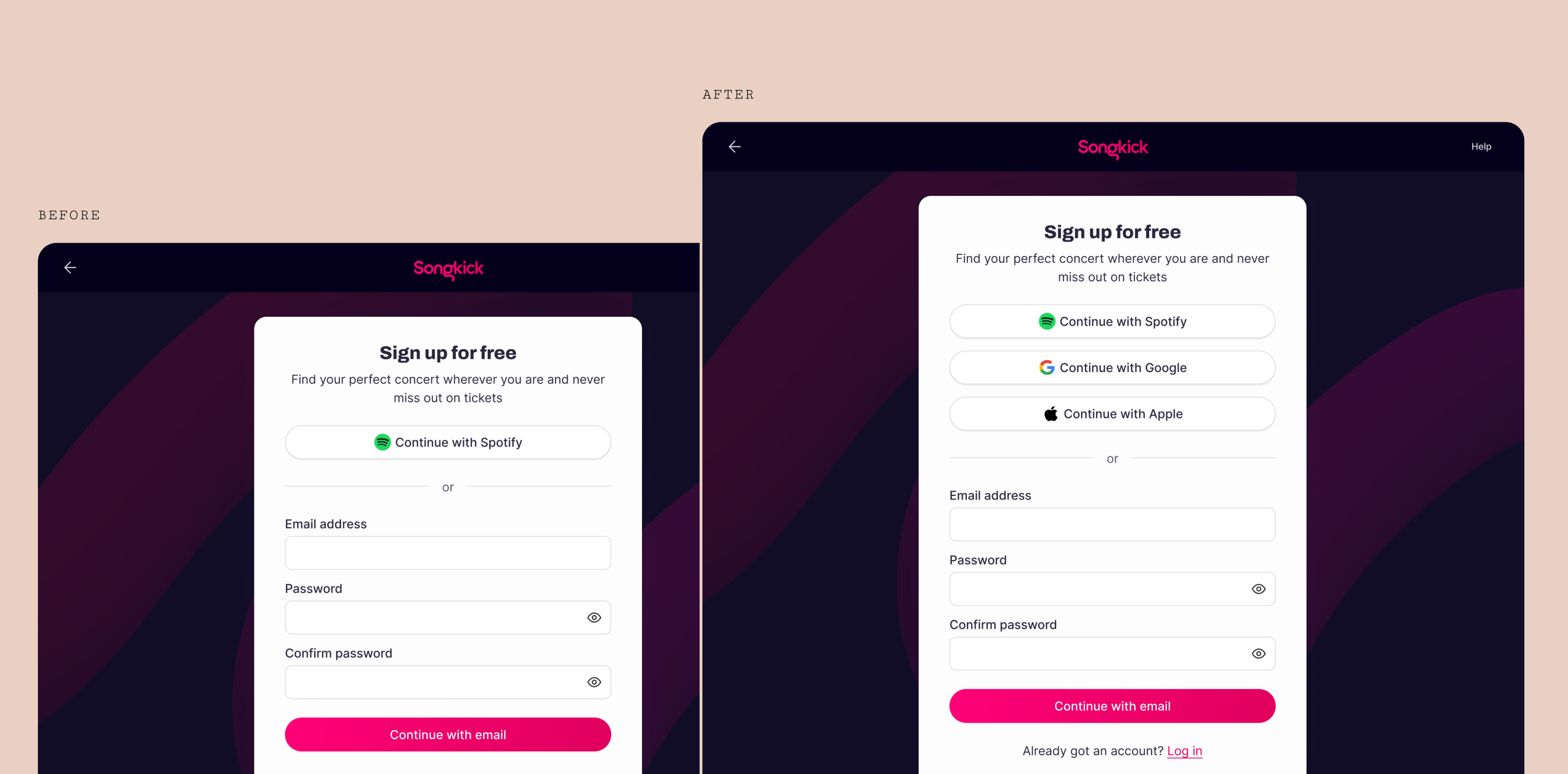 Redesigned Songkick web sign-up screen with Google and Apple authentication options added