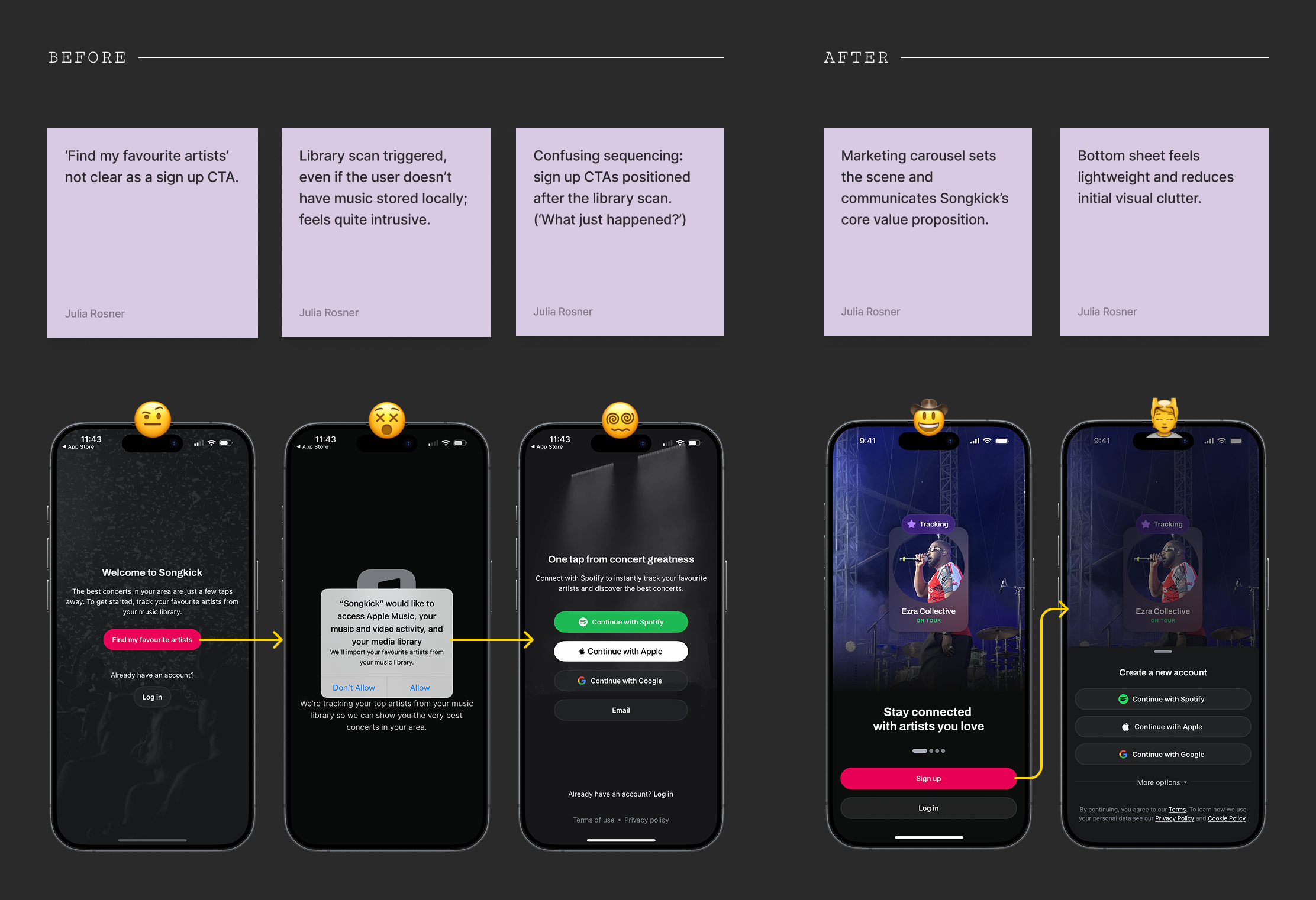 Before and After of the welcome screens showing consolidation of redundant sign-up entry points