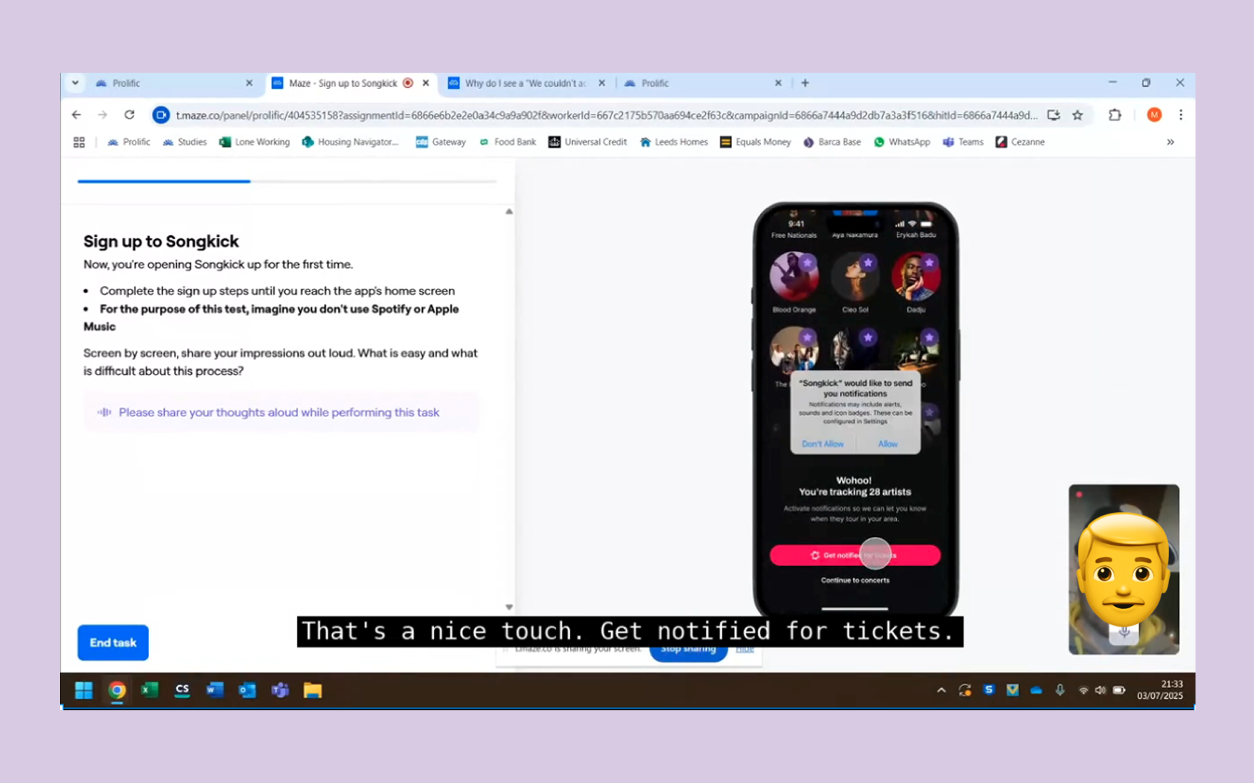 Screenshot of one of the recorded user testing sessions.