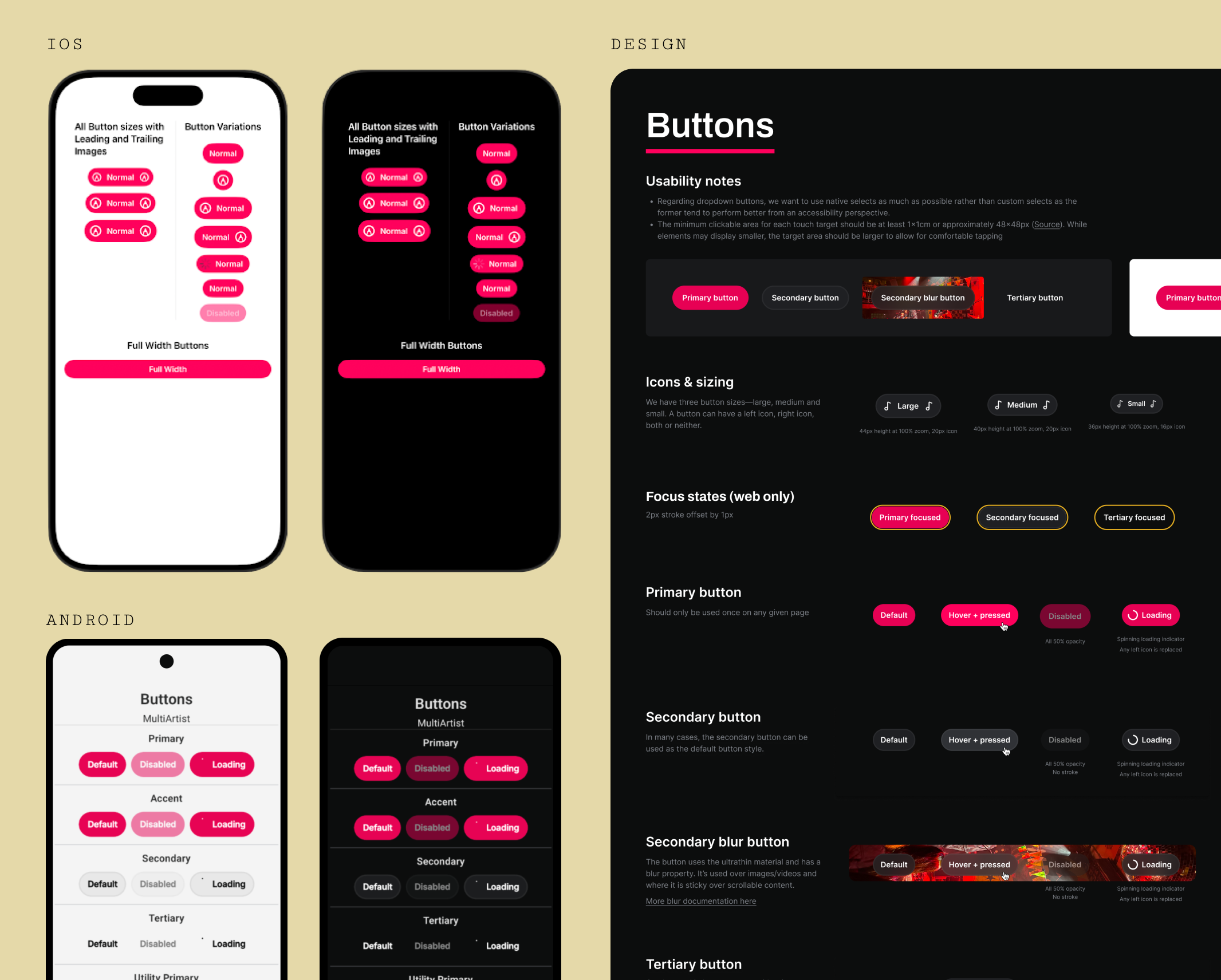 Button components shown with consistent implementation across iOS, Android, and Designs.