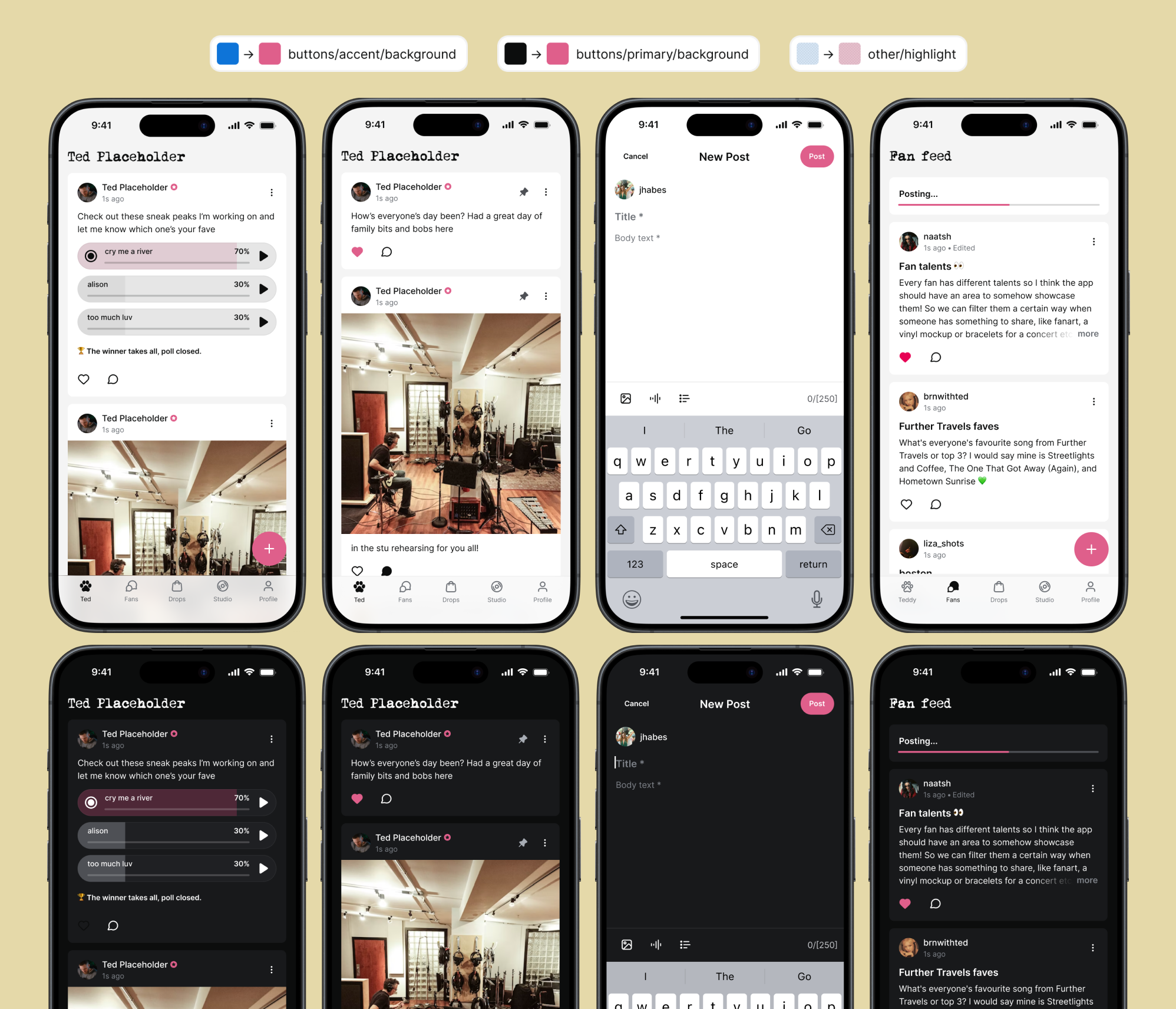 Songkick app screens showing a full pink colour theme applied by changing just 3 design tokens