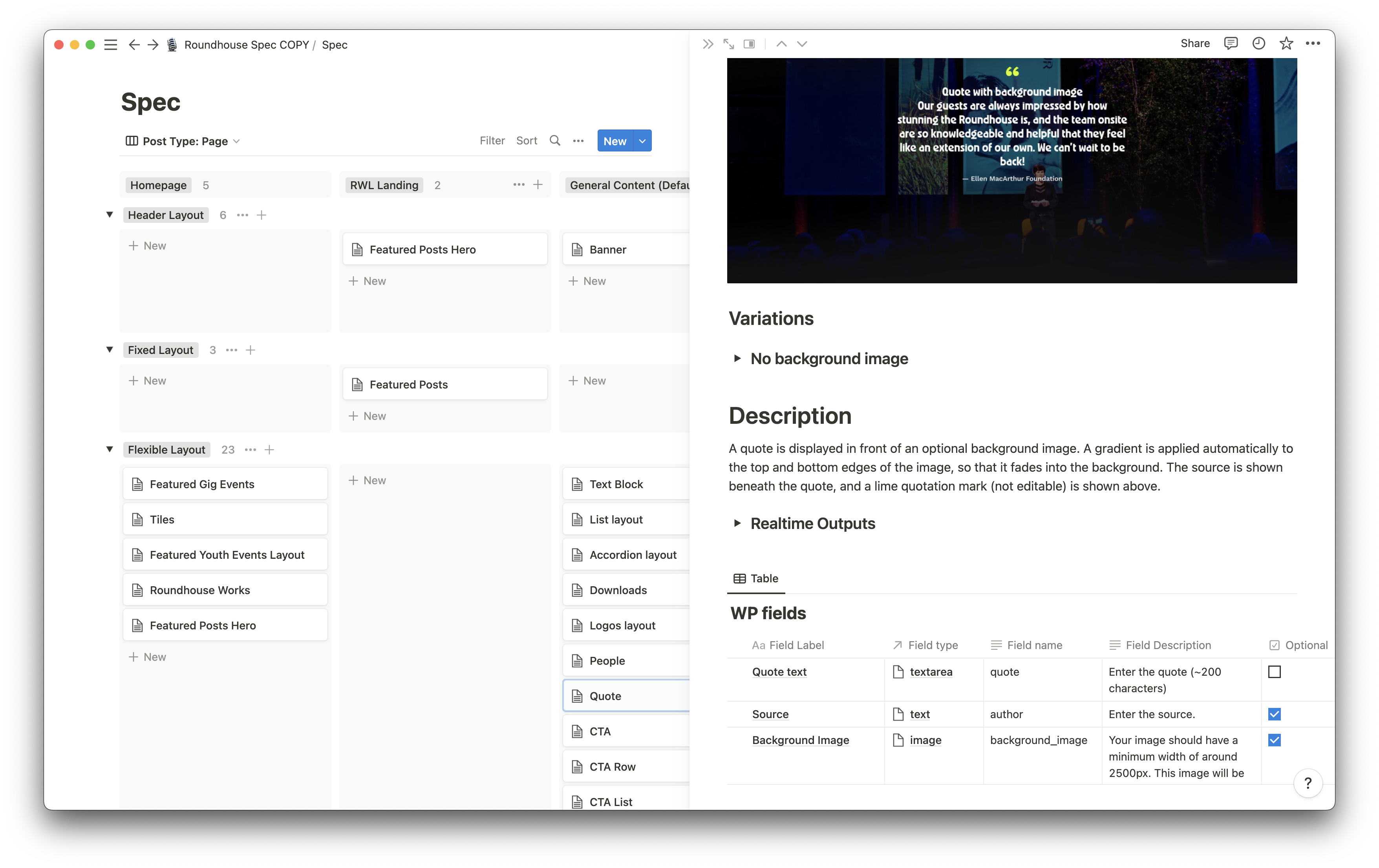 Screenshot from the software Notion. A table breaks down Wordpress component by template and layout. In a pop up, detailed information is given on the Quote component.